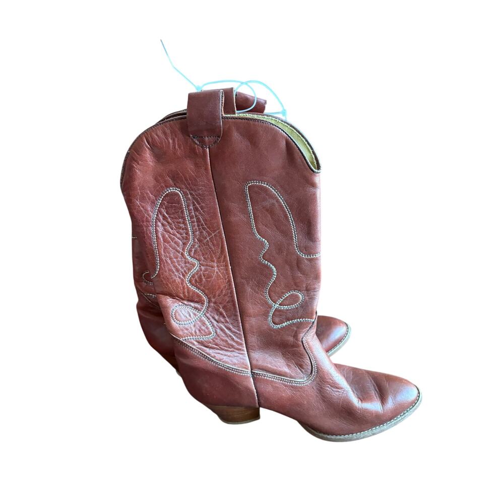 Cowboy Boots Women's 8 Leather Brown Cream Embroidered Western, Casual